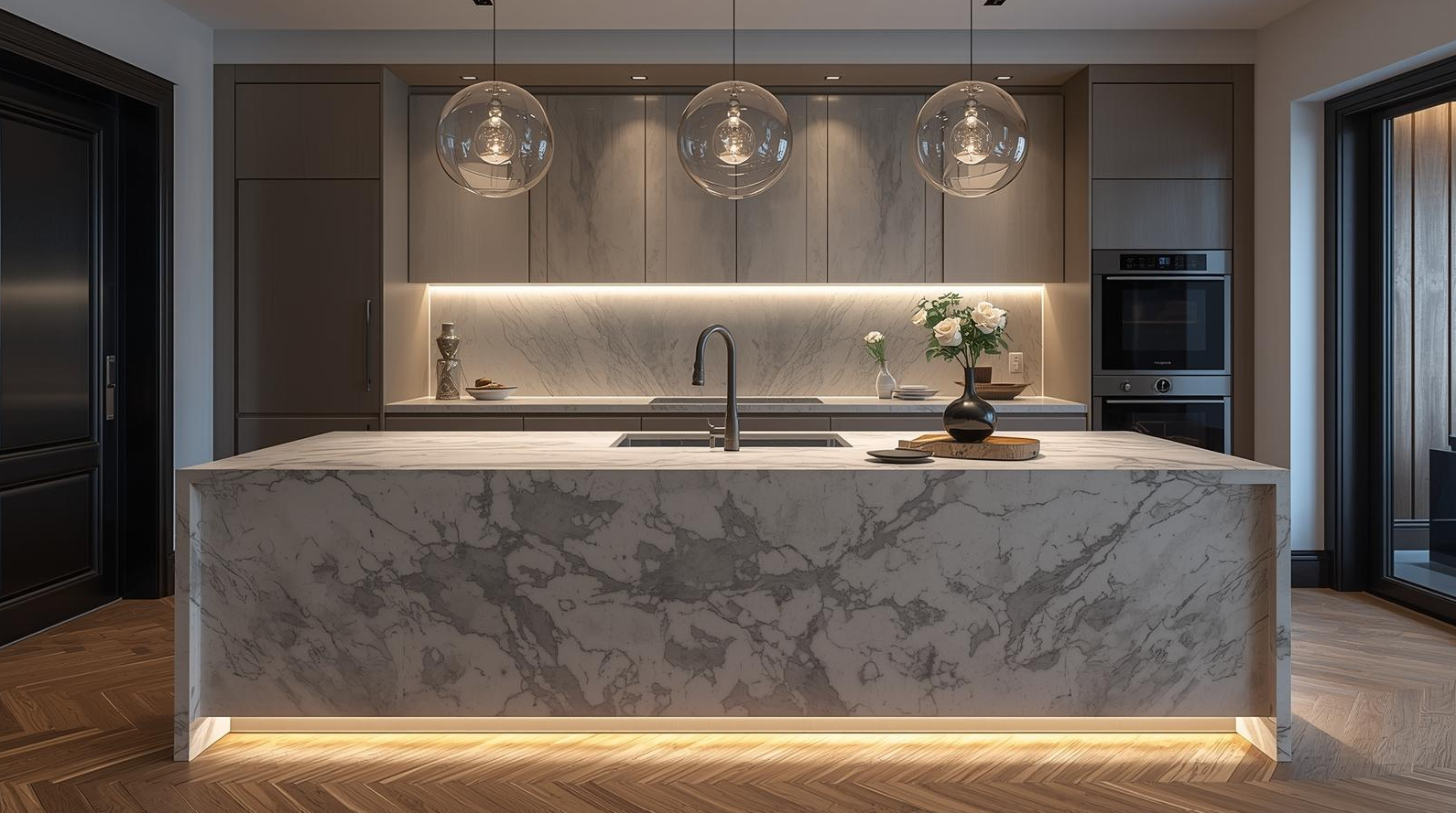 Modern kitchen with marble island, pendant lights, and built-in appliances, featuring gray cabinets and wooden flooring.