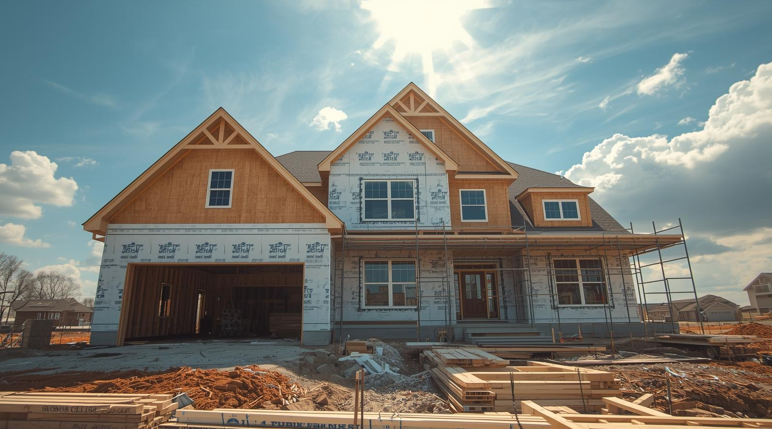 A house under construction with scaffolding, wood framing, and siding, set against a bright sky with clouds and the sun.