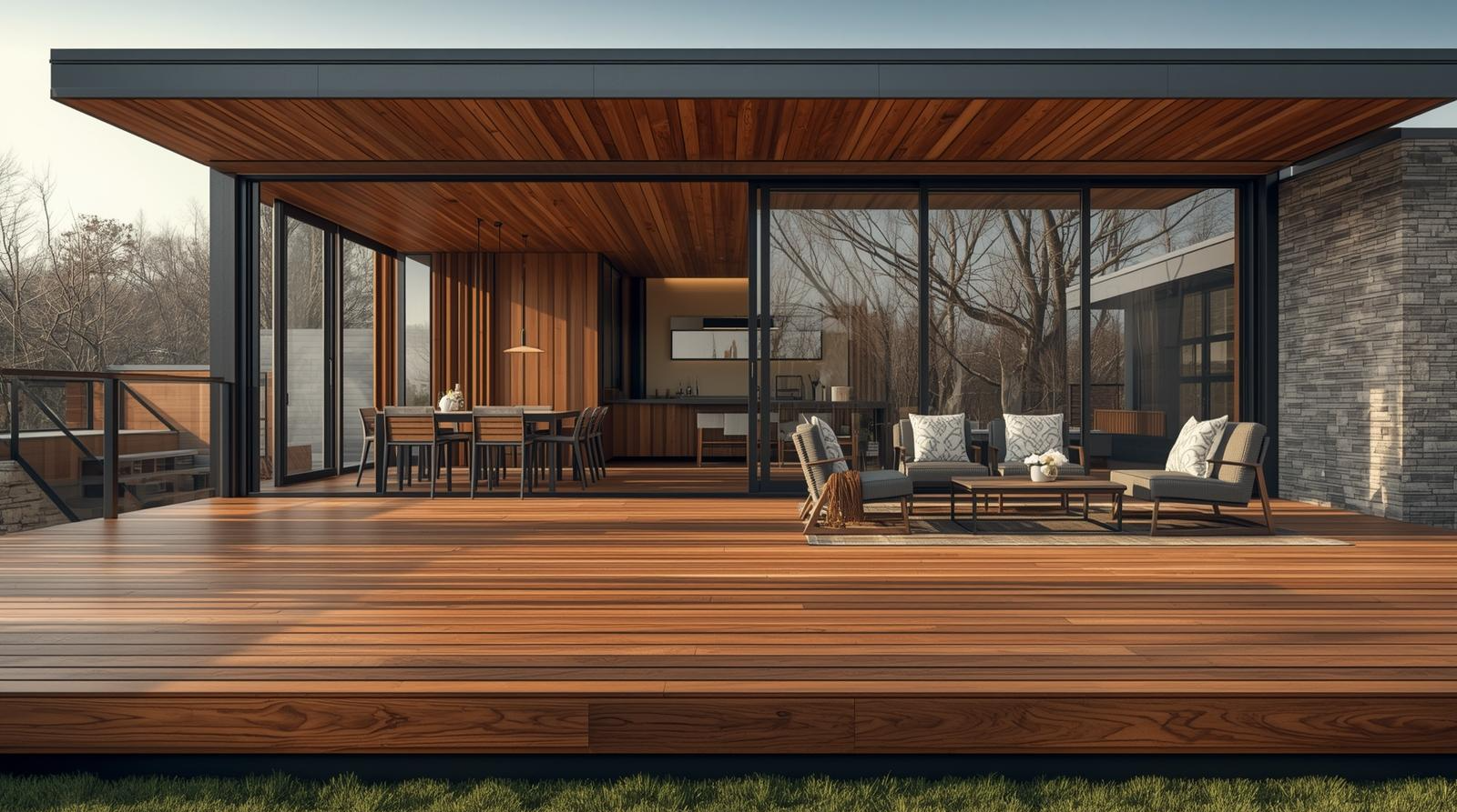 Modern house with a large wooden deck, expansive glass sliding doors, and a cozy outdoor seating area with chairs and a table in a natural setting.