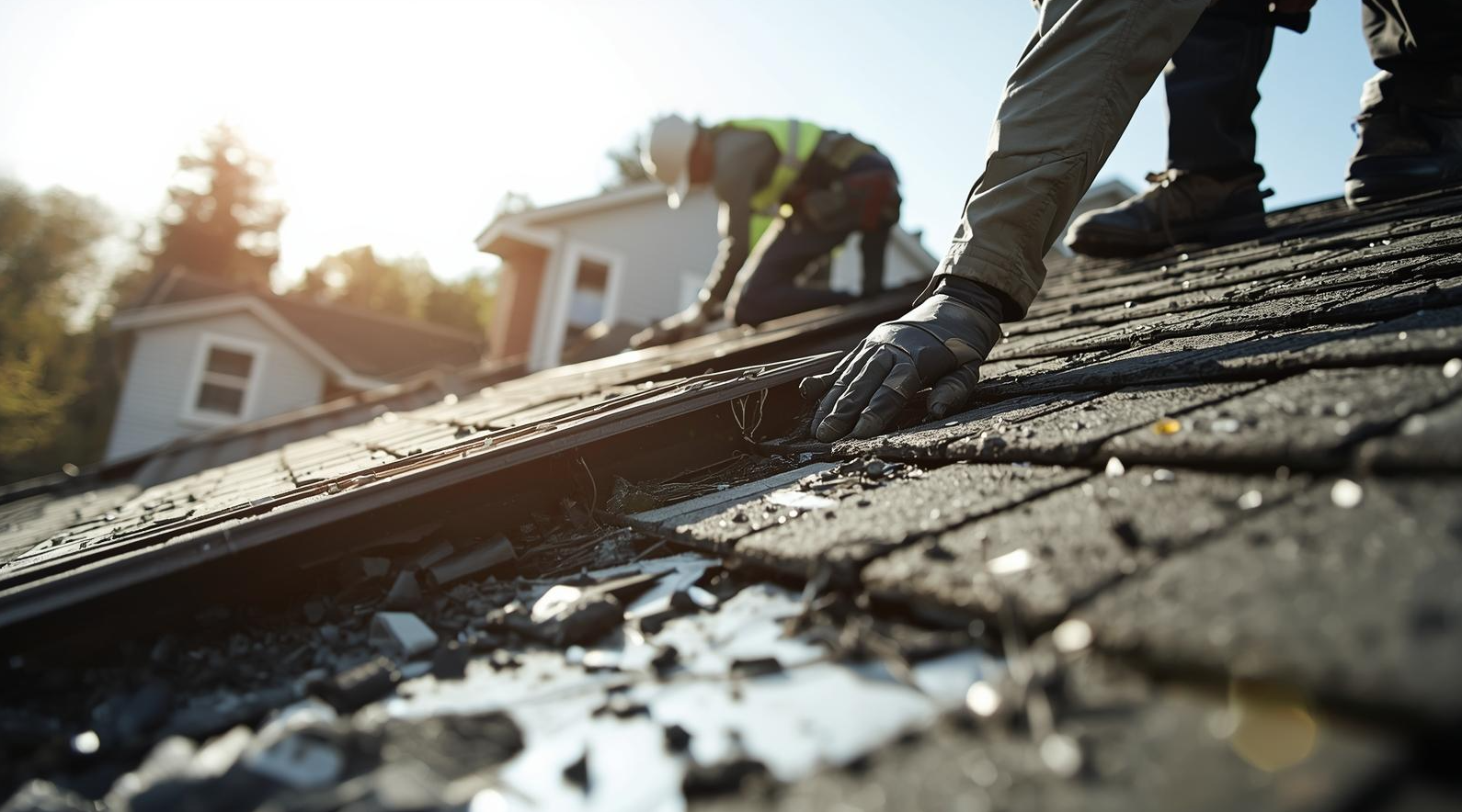 Workers repairing a damaged roof on a residential house.