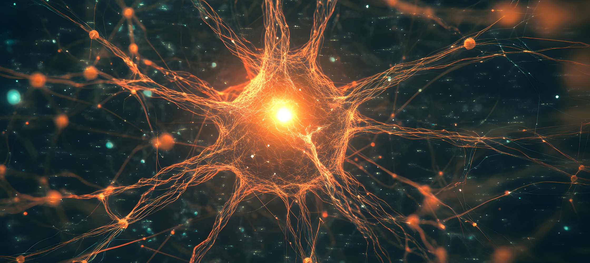 A digital illustration of a neuron, with a bright central cell body and extending dendrites and axons connecting to other neurons, set against a dark background with glowing points of light.