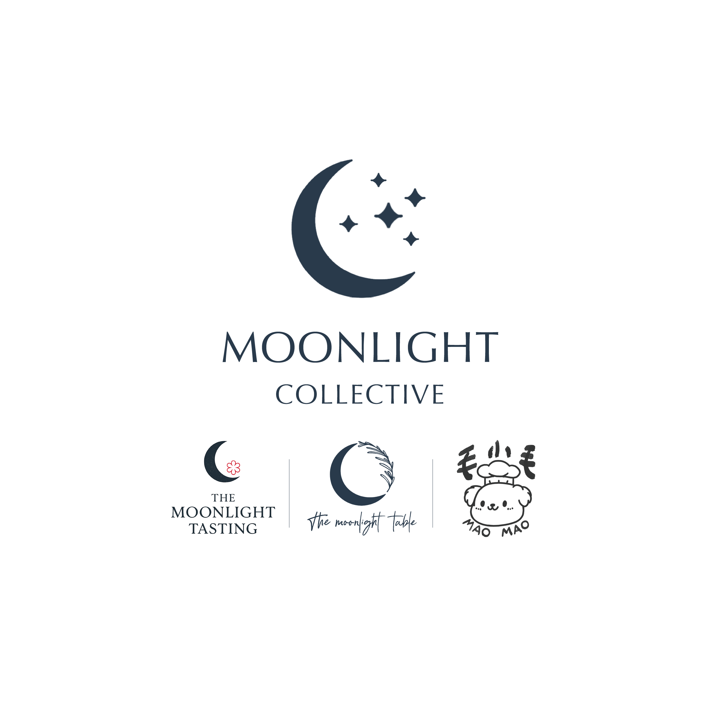 Logo with moon and stars for Moonlight Collective, featuring symbols for tasting, table, and a pet bakery.