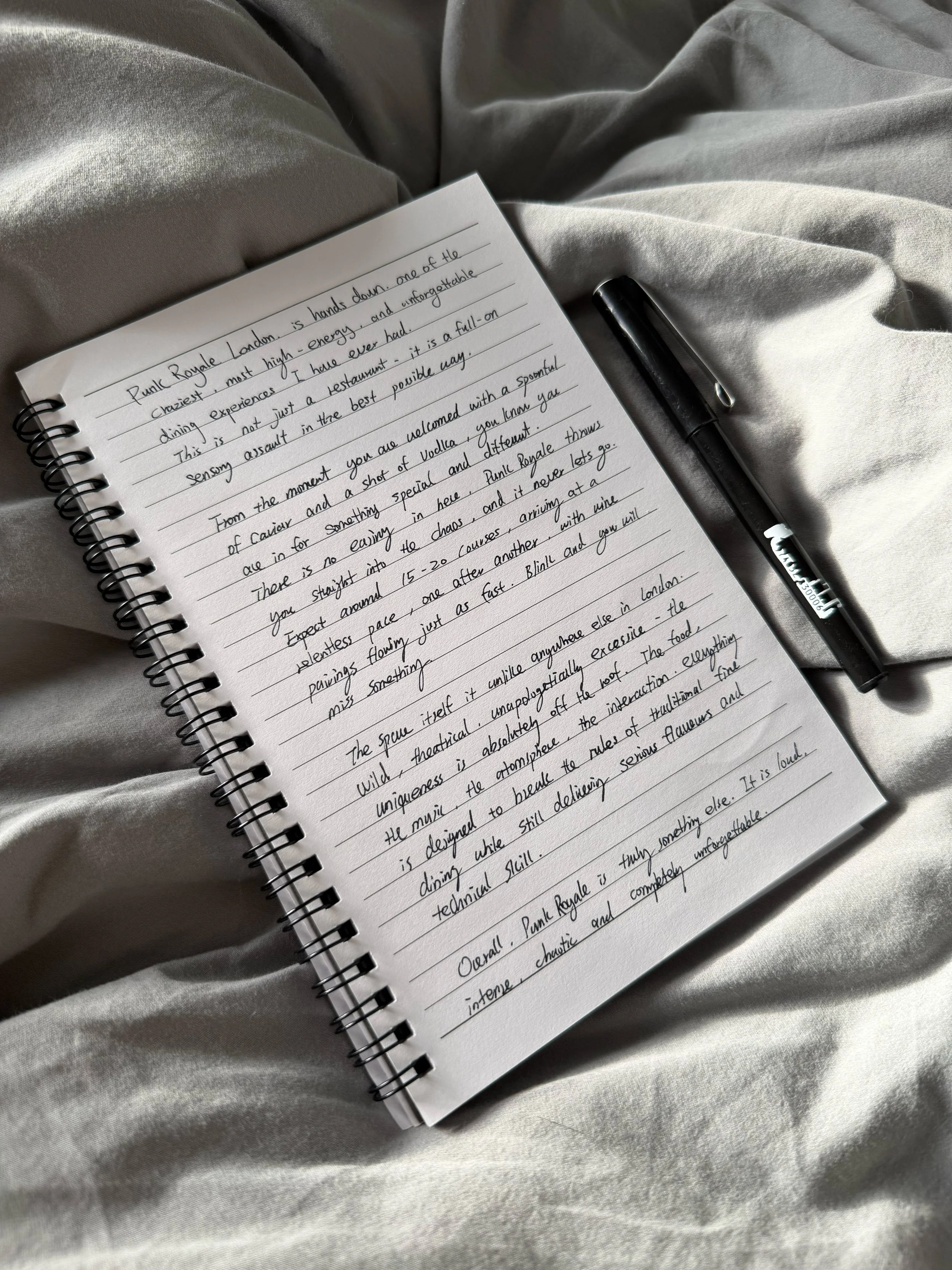 A spiral-bound notebook with handwritten notes next to a black pen, resting on a soft gray fabric surface.