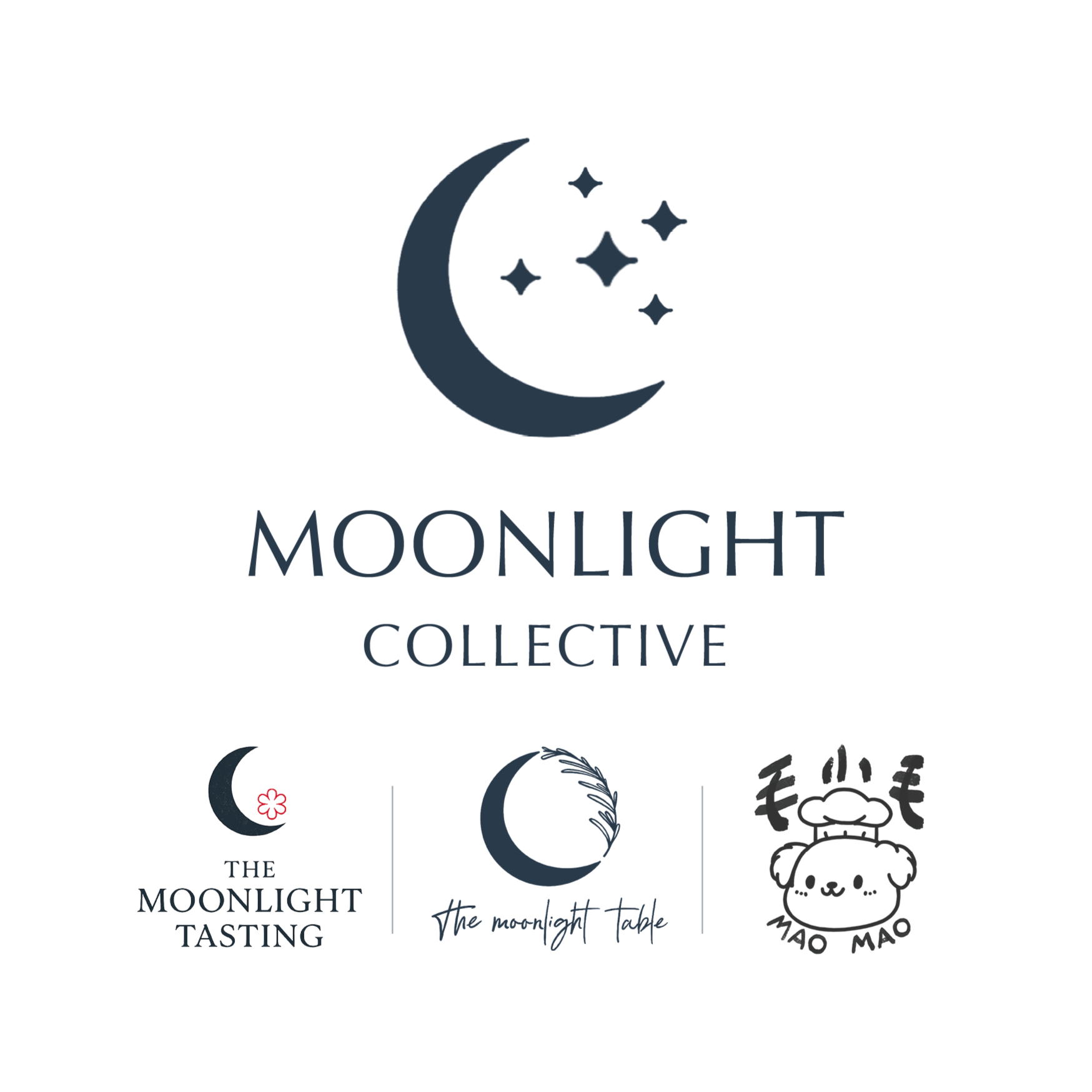 The image features a logo with a crescent moon and stars above the words 'Moonlight Collective', accompanied by additional smaller logos for 'The Moonlight Tasting' and 'The Moonlight Table' and 'MaoMao Pet Bakery'.