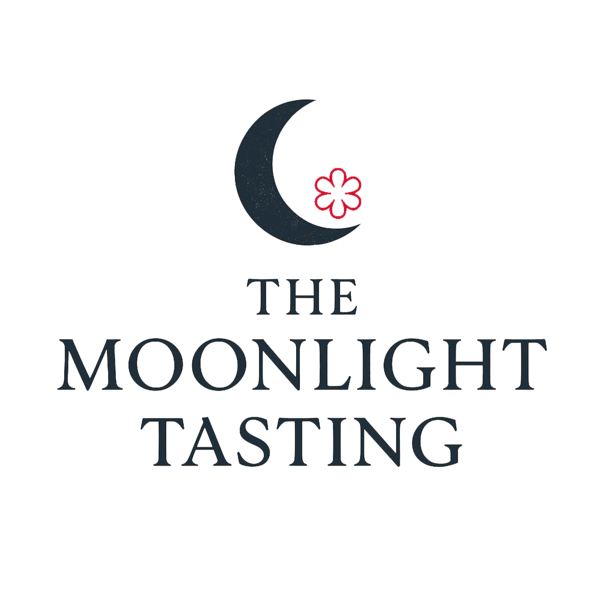 Logo for 'The Moonlight Tasting' featuring a crescent moon with a pink flower and the text 'The Moonlight Tasting' in dark, stylized font.