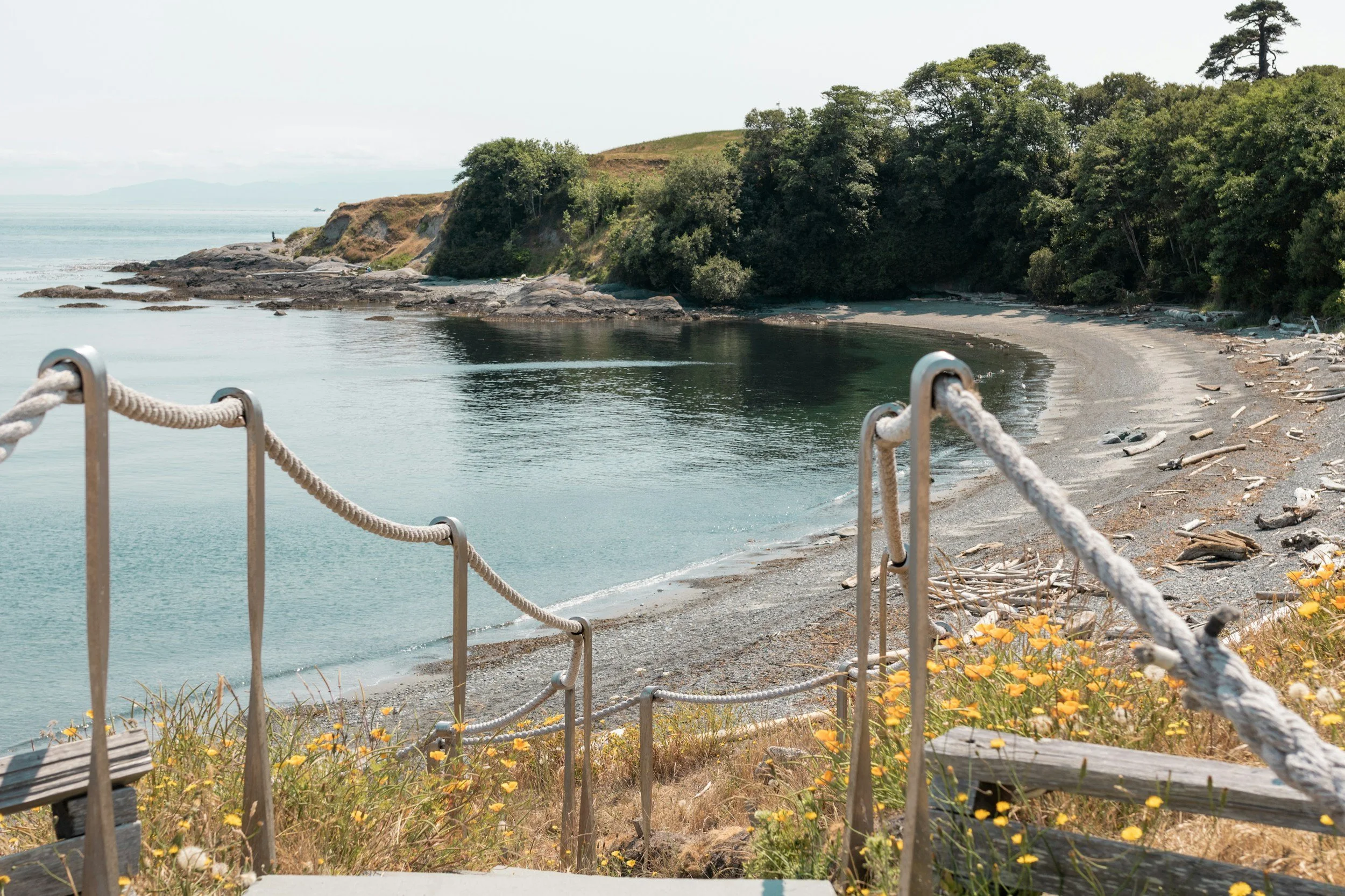 Coastal scene with a sandy beach, rocky shoreline, green trees, and a view of calm water with distant hills, seen from a walkway with wooden benches and rope railings.