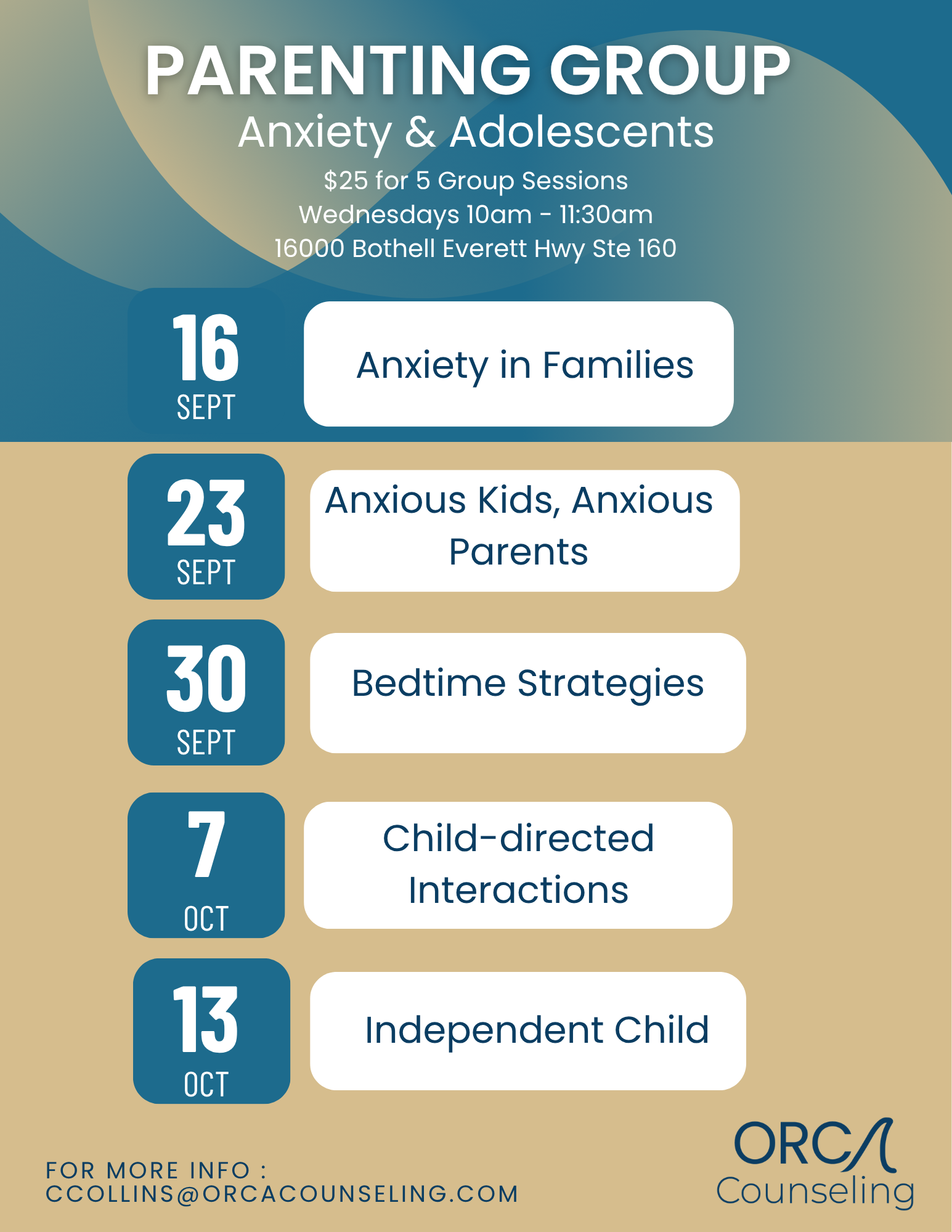 Poster advertising parenting therapy groups focusing on anxiety and adolescent issues, with session dates, times, and contact information.