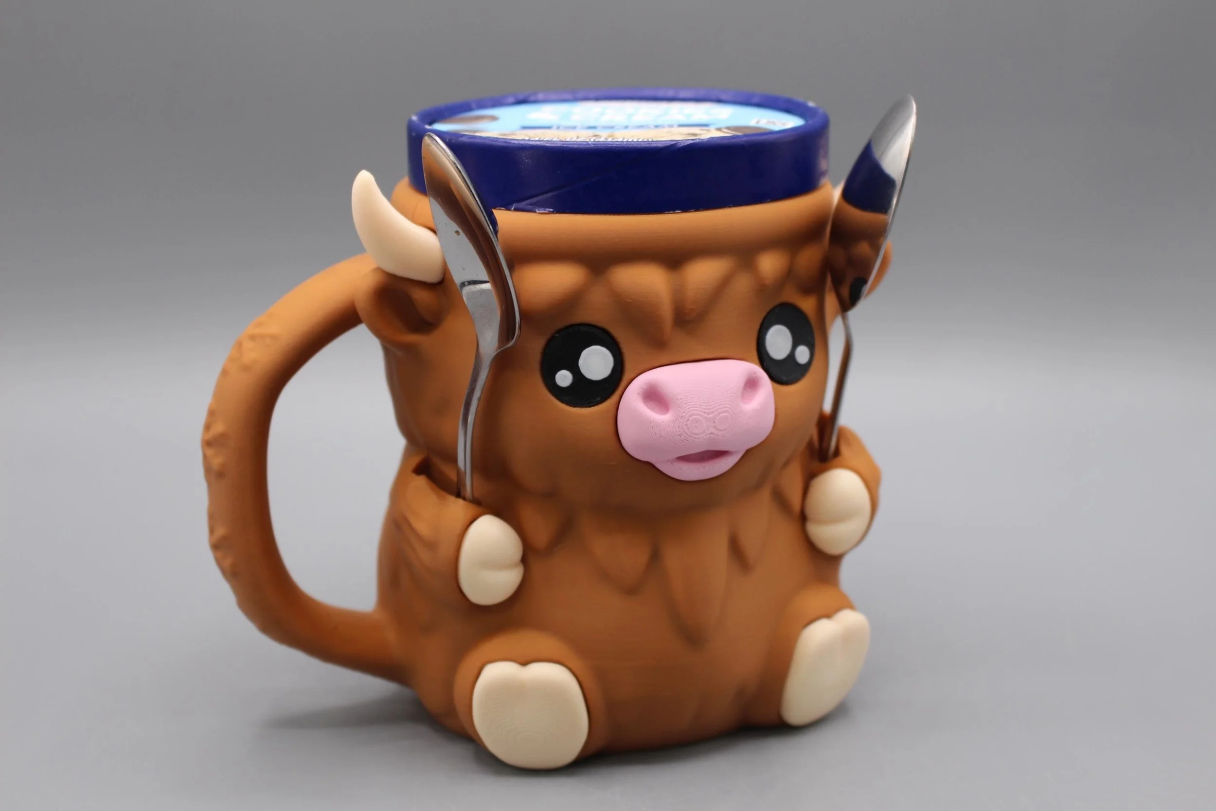 Highland Cow Ice Cream Pint Mug Holder w/ 2 Spoons Holders | 3D Printed Reusable  Ice Cream Cozy | Summer Gifts