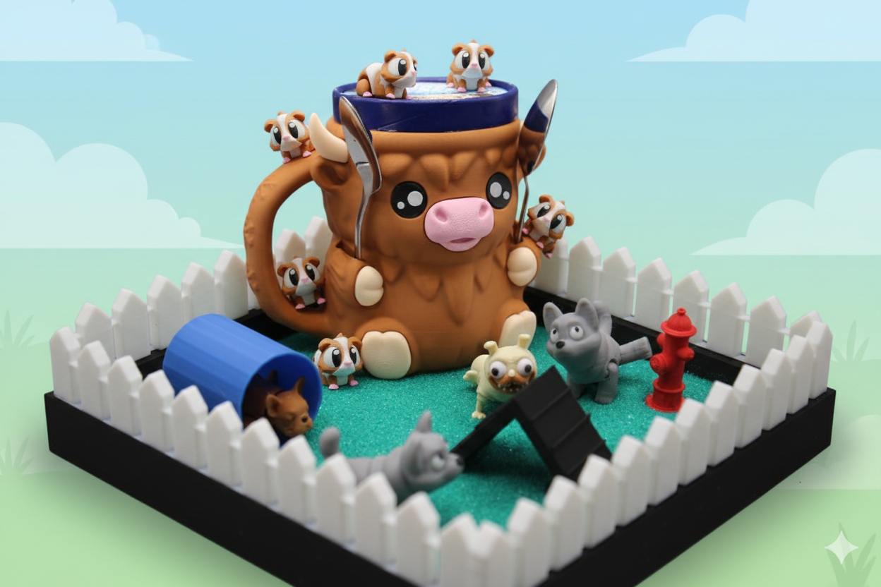 A toy diorama featuring a large mug dressed as a bull with a pink nose and brown body. Small animal figurines, including dogs and cats, are placed around and on the mug. The scene has a green base with a white picket fence, a tiny blue slide, a black ramp, a red fire hydrant, and a small gray house, set against a light blue sky background.
