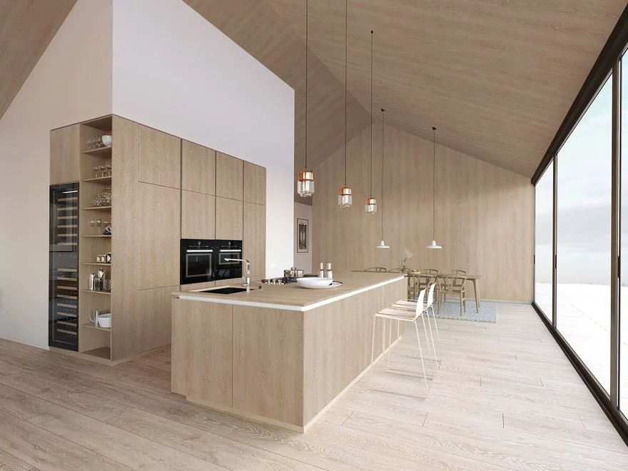 Modern kitchen with light wood cabinetry, a white kitchen island, built-in appliances, open shelving, and a dining area with a large window.