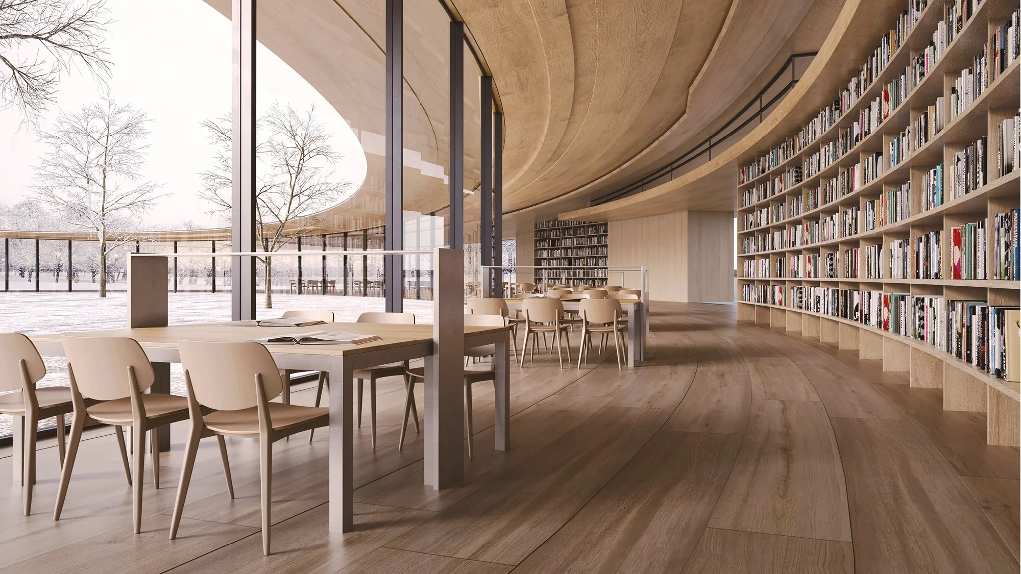 Modern library with curved wooden ceiling, floor-to-ceiling glass windows, wooden floor, and book shelves filled with books, with tables and chairs for reading and studying, outside winter landscape visible.