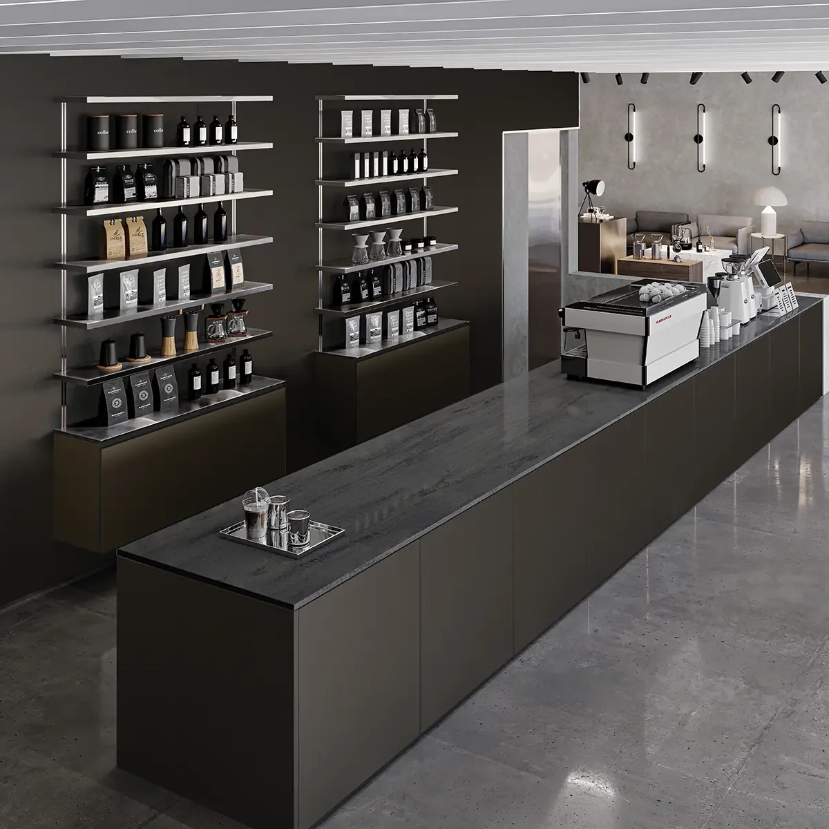 Modern coffee shop with black and gray tones, shelves with coffee beans and equipment, and a seating area in the background.