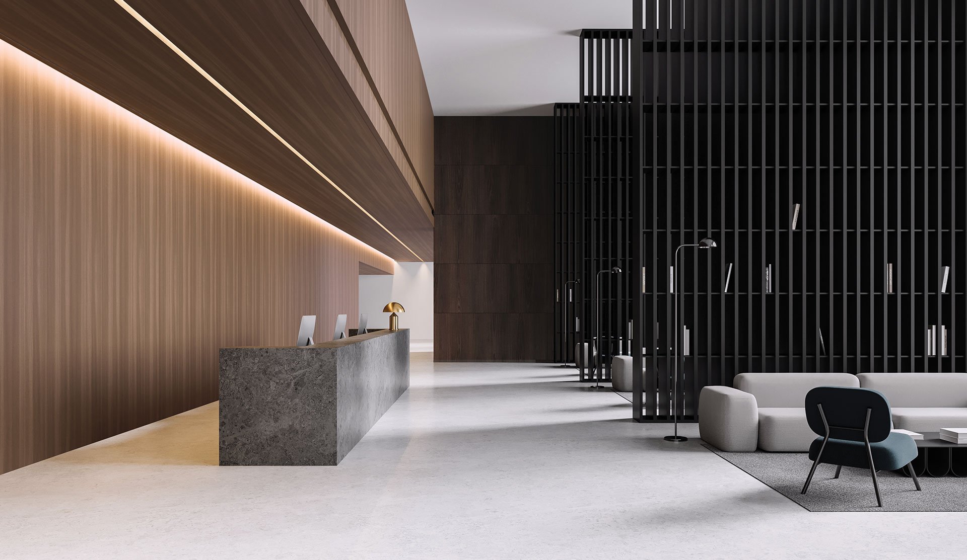Modern hotel lobby with a reception desk, seating area, dark wooden and black partition walls, and minimalist decor.