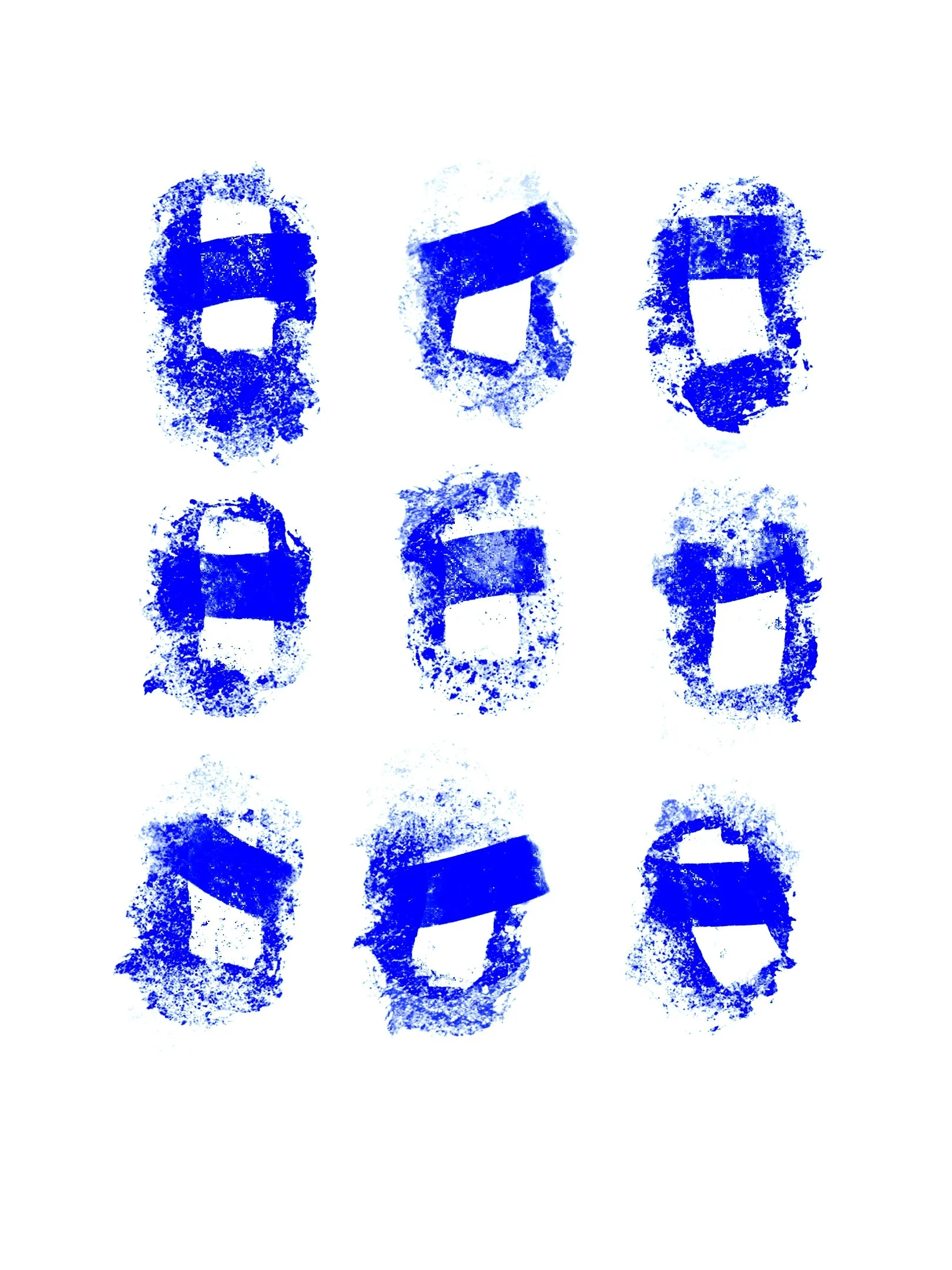 Imágenes de diferentes representaciones del número 0 en estilo de pintura con manchas azules.