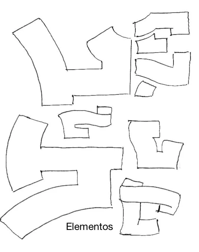 Dibujo de líneas que representan elementos arquitectónicos o de un mapa, con la palabra 'Elementos' en la parte inferior.