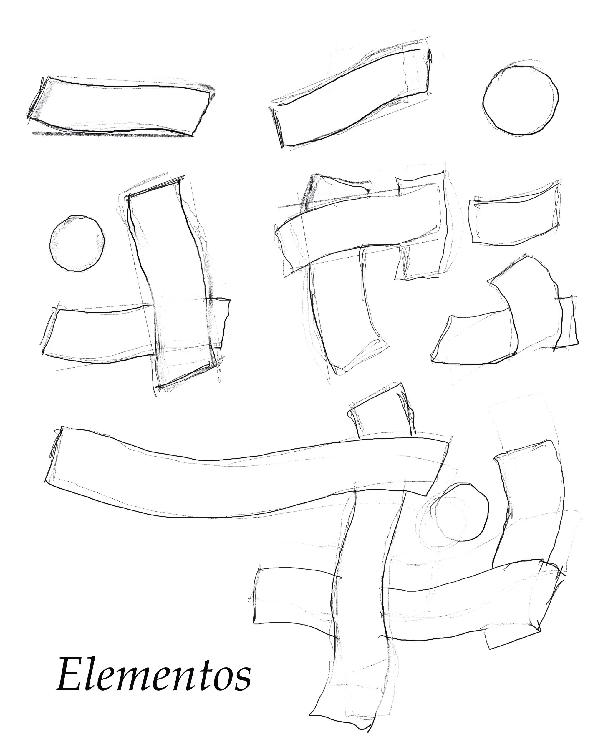 Dibujo de varios elementos y formas en línea, incluyendo círculos y rectángulos, con la palabra 'Elementos' en la esquina inferior izquierda.