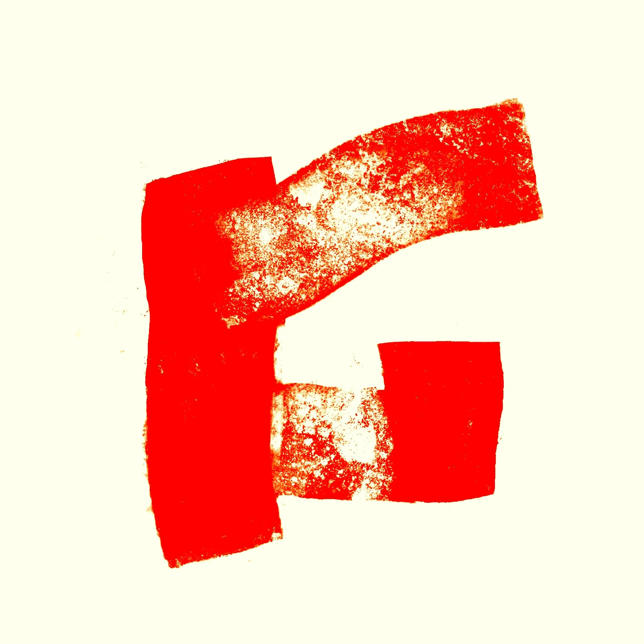 Letra G en rojo sobre fondo claro, estilo artístico con textura y desgastes.