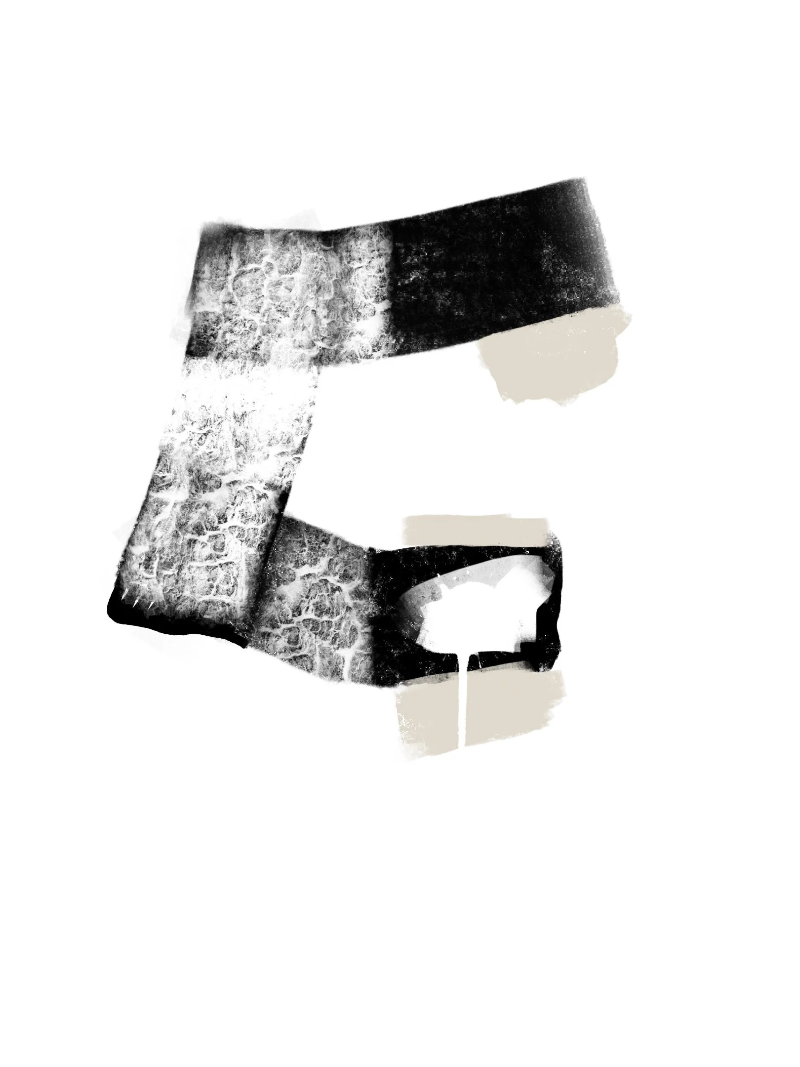 Letra 'F' en estilo artístico en blanco y negro, con efectos de texturas y manchas