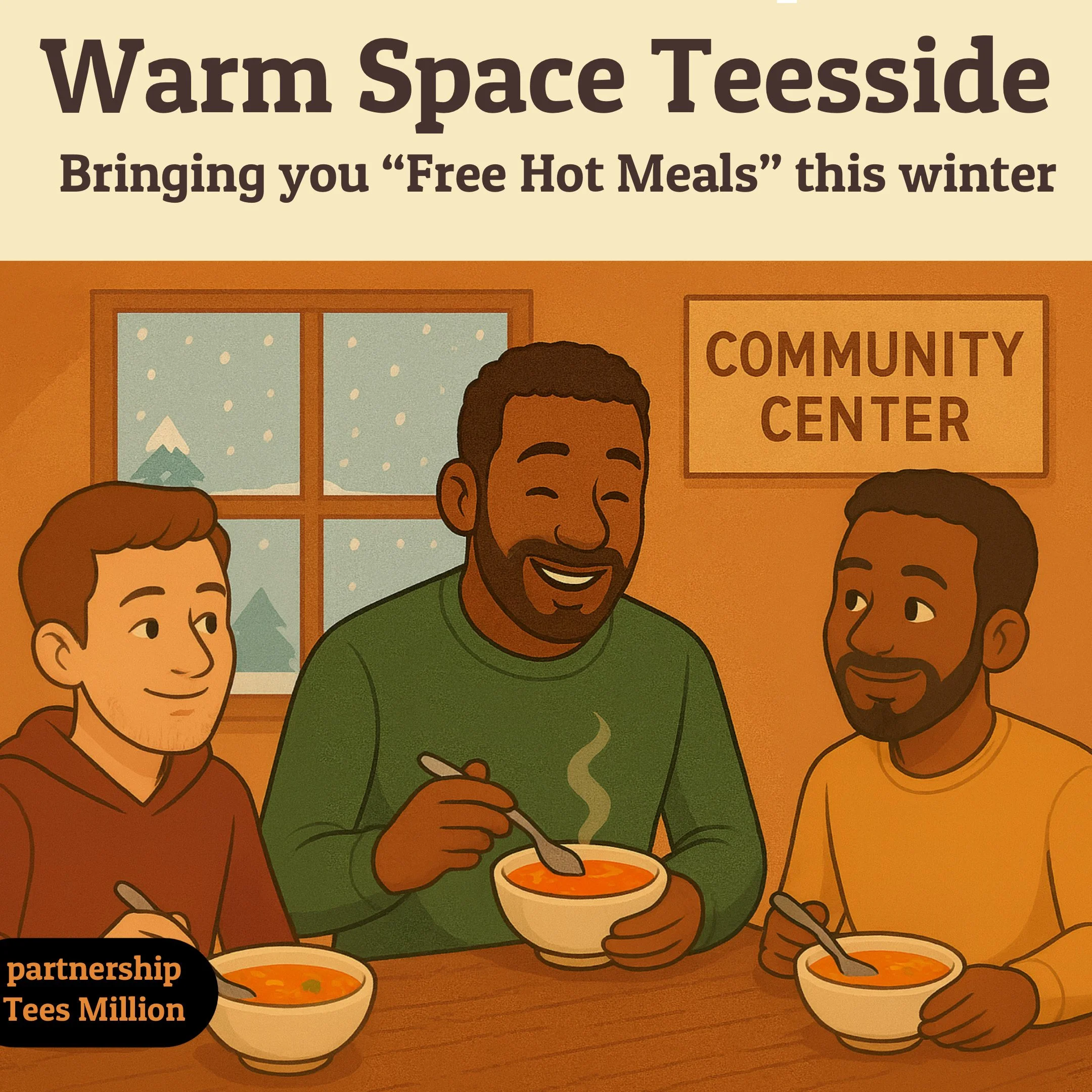 Illustration of three men eating hot soup at a community center during winter, with snow falling outside the window. Text promotes a program offering free hot meals in winter.
