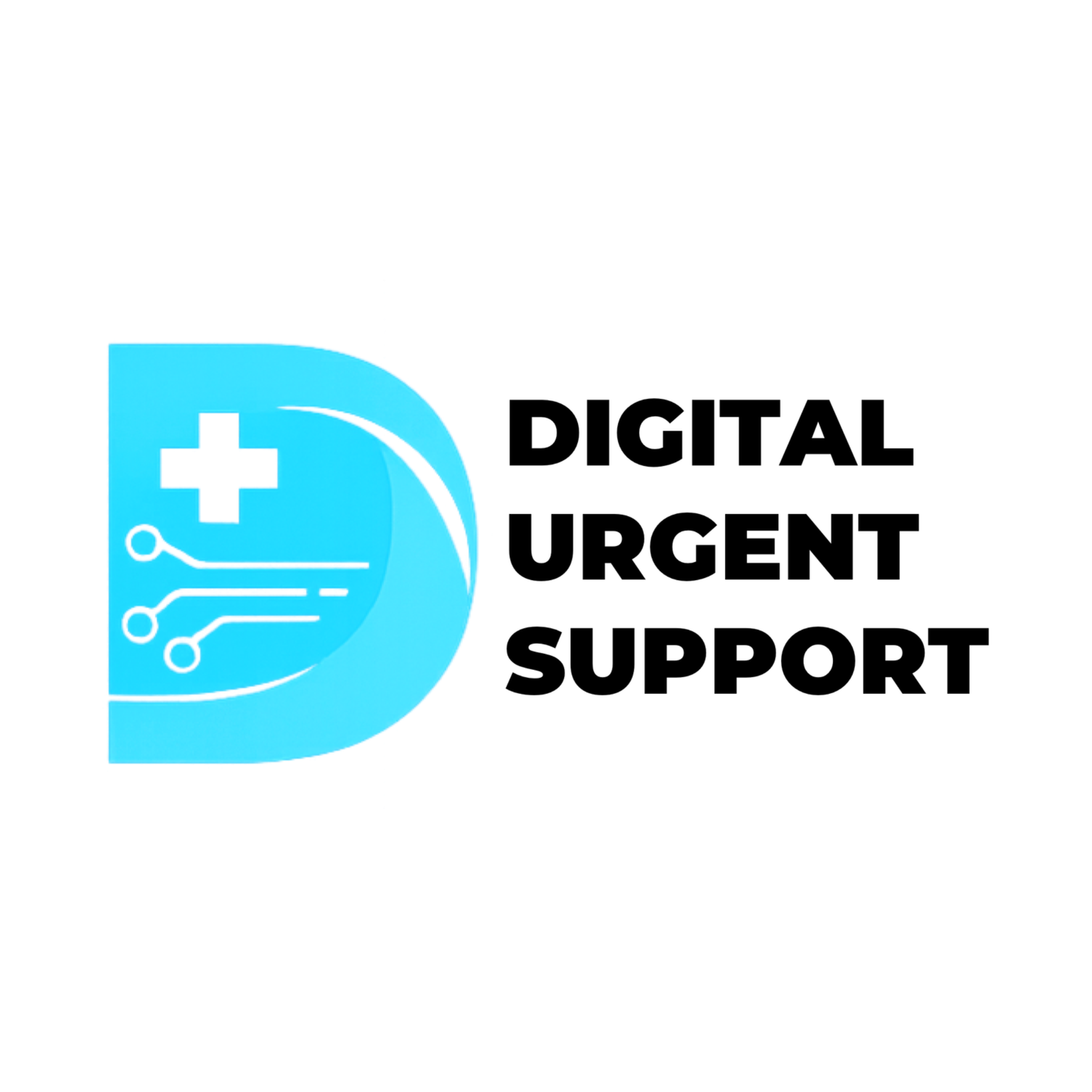 Logo with a blue circle featuring a white medical cross and circuit lines, accompanied by black text that reads 'DIGITAL URGENT SUPPORT'.