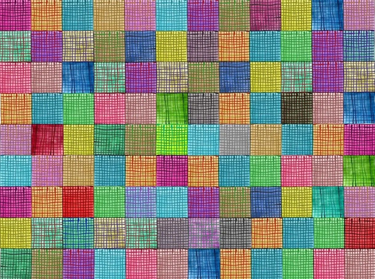 A colorful mosaic grid pattern with various small squares in multiple bright colors and black grid lines.