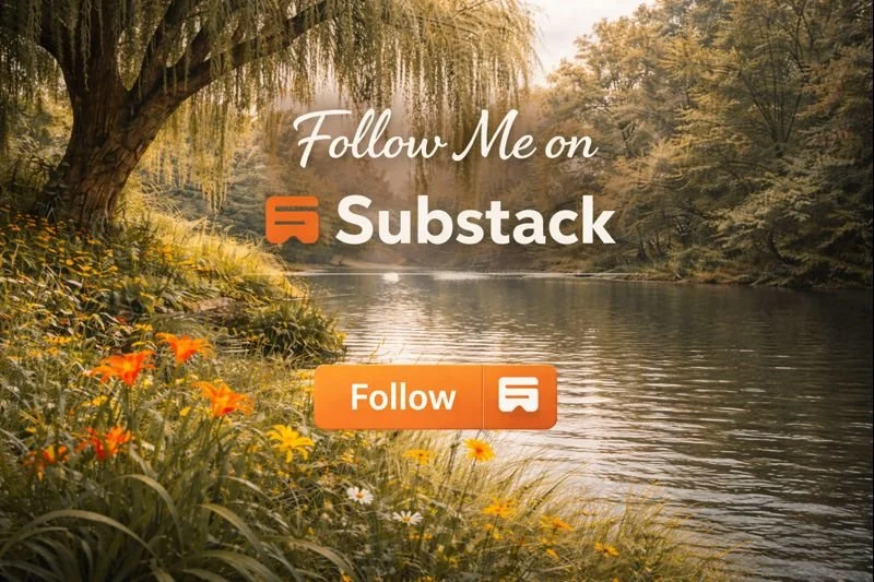 Nature scene with a river, trees, and flowers, promoting following Harvey Cottrell on Substack with an orange "Follow" button.