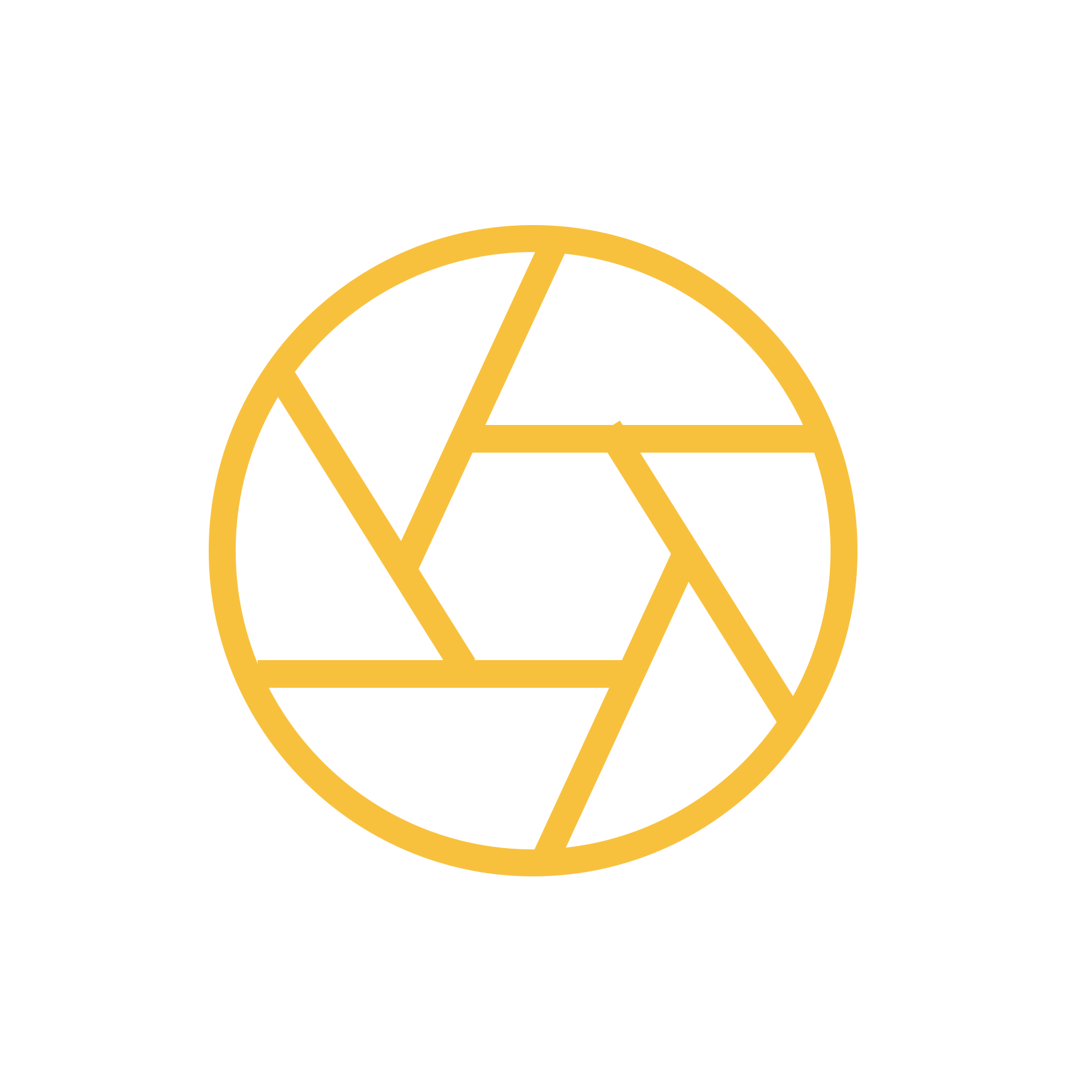 An orange graphic logo with a camera shutter design.