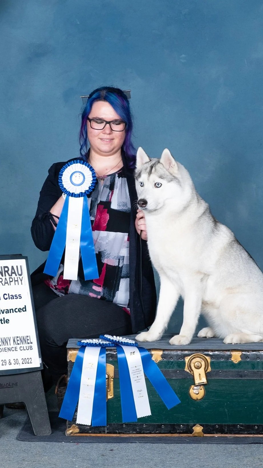A woman with colorful hair and glasses poses with a Siberian Husky dog that has striking blue eyes, sitting on a chest decorated with blue and white ribbons. The woman holds a large blue and white ribbon rosette, indicating a dog show award. There is a sign nearby that reads with details about the dog show event.