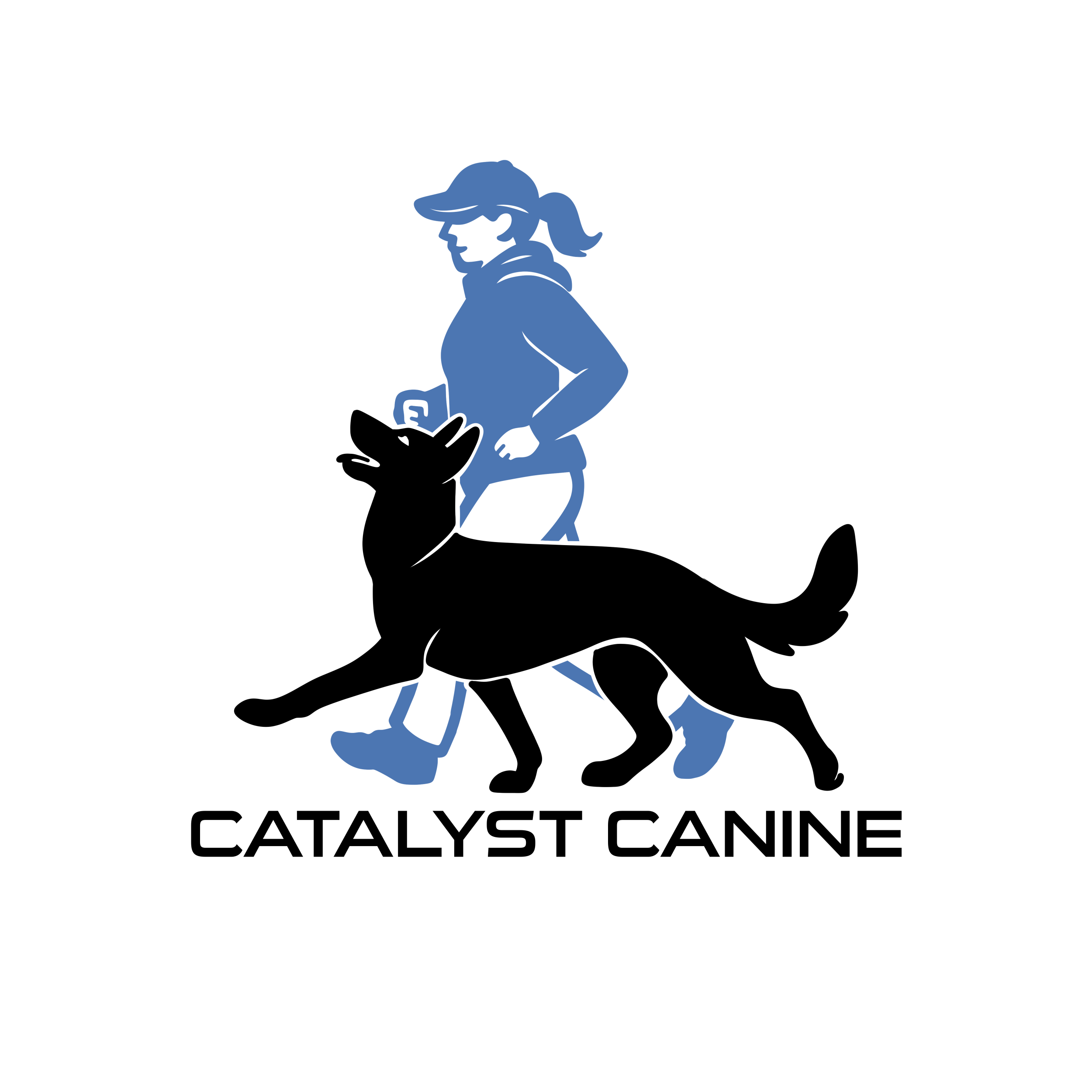 A stylized silhouette of a woman walking a dog, with the words 'CATALYST CANINE' below.
