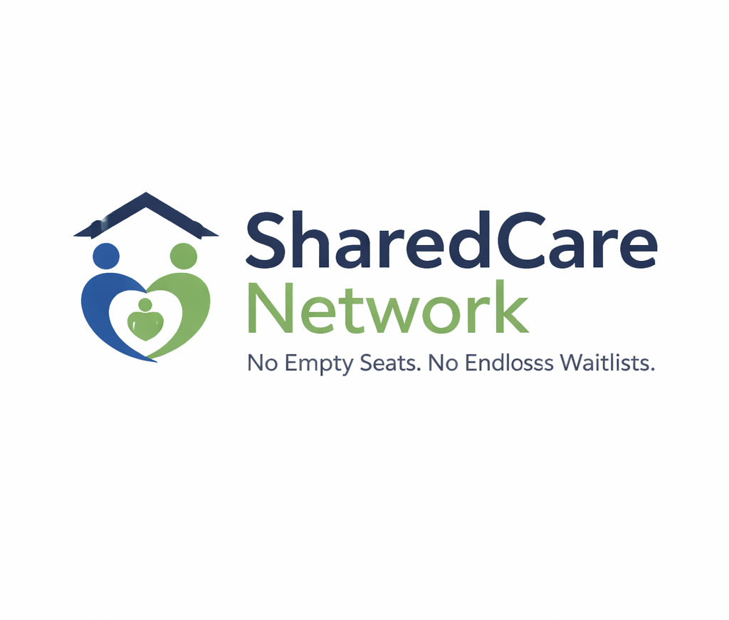 Logo for SharedCare Network featuring a house roof above three connected figures, with a blue figure on the left, a green figure on the right, and a smaller green figure inside a green heart shape, accompanied by the text "SharedCare Network" and the tagline "No Empty Seats. No Endless Waitlists."