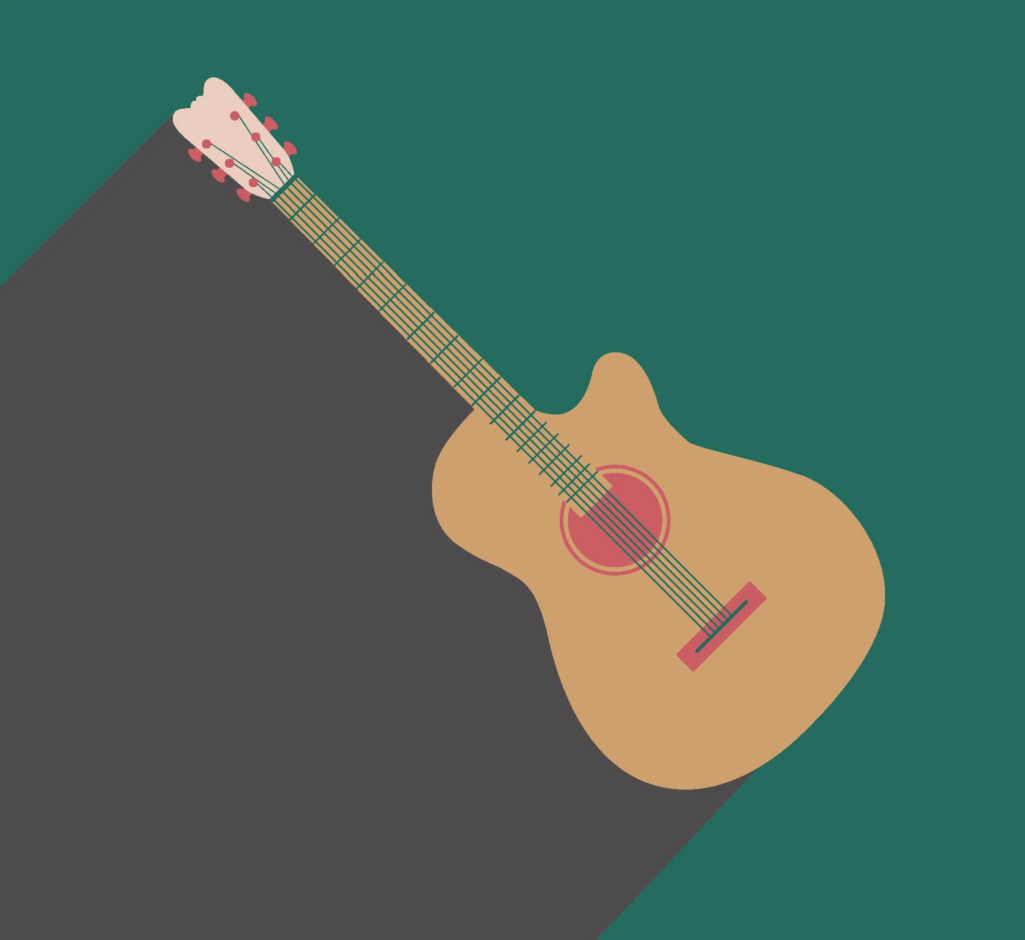 Illustration of an acoustic guitar placed on a surface with a dark gray area.
