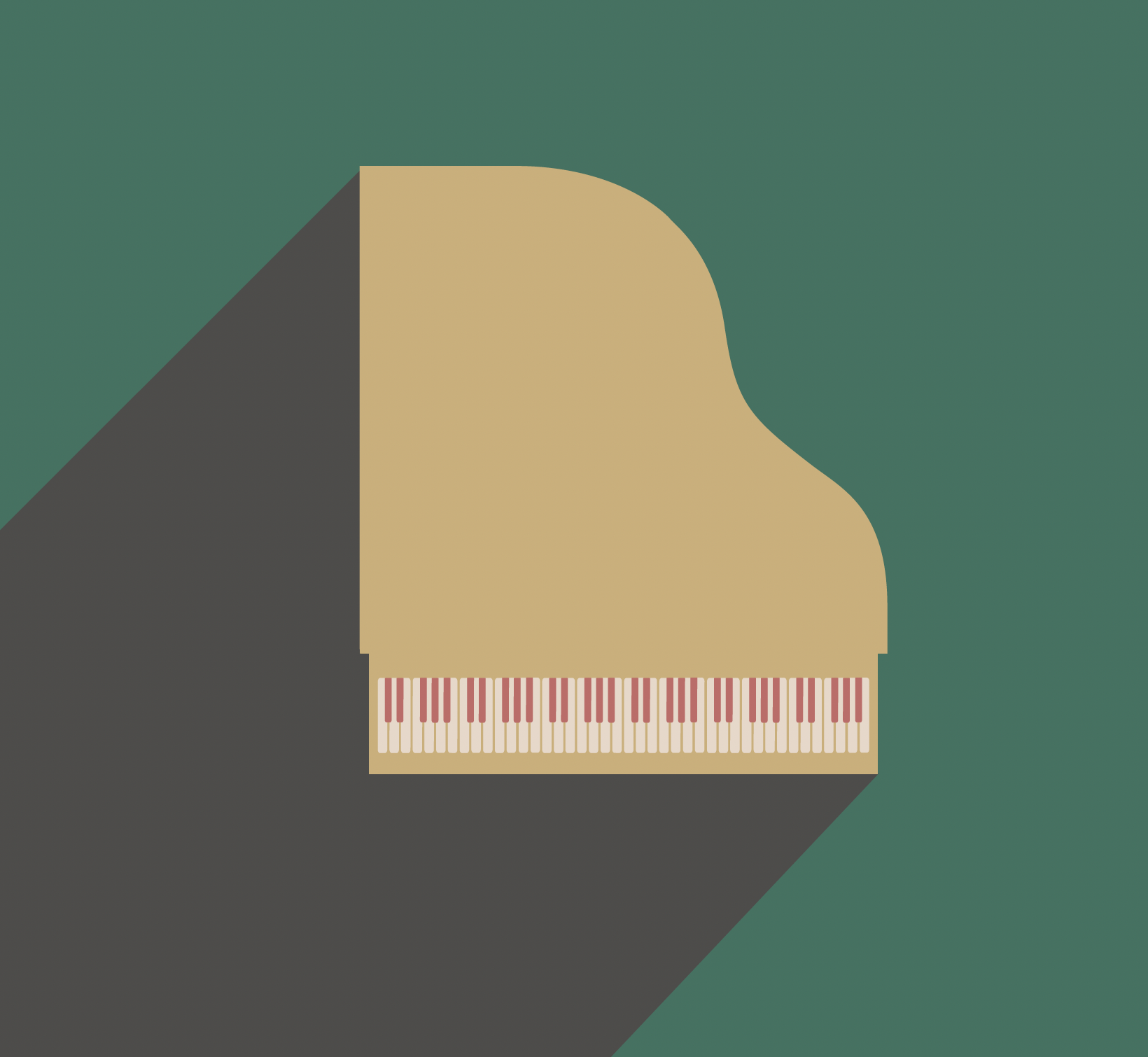 Flat digital illustration of a grand piano seen from above, showing keyboard and curved lid, with a shadow cast to the lower left, set against a green background.