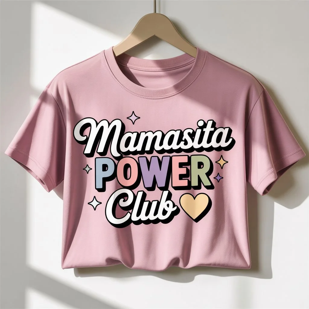 Camiseta rosa con texto "Mamasita Power Club" y decoraciones de estrellas y un corazón, colgada en una percha.