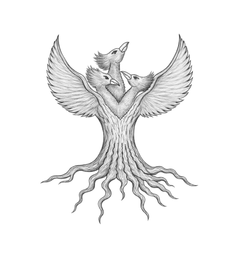 Three-headed phoenix rising from a mature and grounded tree, because when we thoughtfully examine the past and the present, we are far better equipped to build a resilient, intentional future.