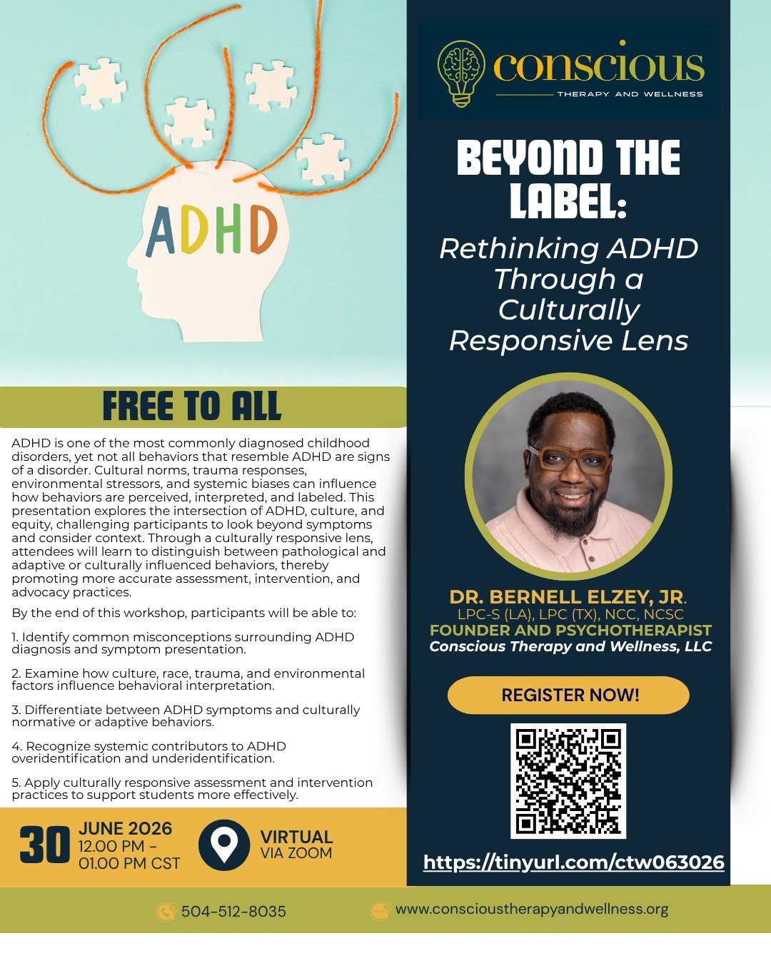 What if the behavior we label as ADHD is actually a reflection of culture, context, trauma, or systemic inequities?

Join me for "Beyond the Label: Rethinking ADHD Through a Culturally Responsive Lens," an engaging presentation that challen