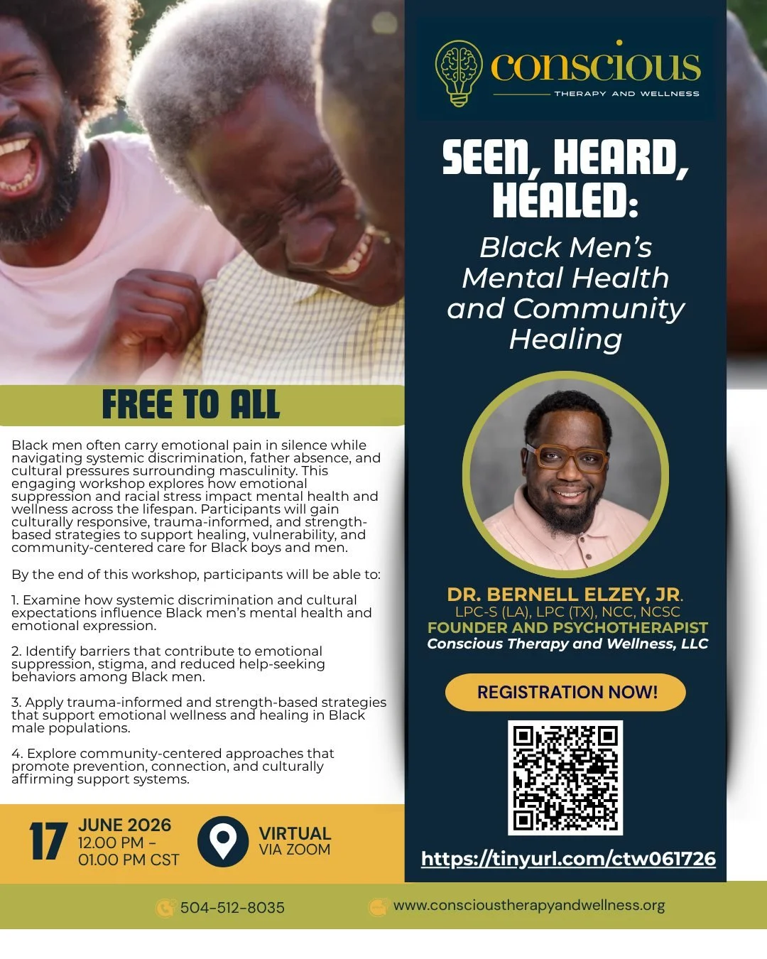 Conscious Therapy and Wellness, Inc. is proud to recognize Men&rsquo;s Mental Health Awareness Month by hosting a FREE virtual community event focused on healing, vulnerability, and wellness among Black men and boys.

This powerful conversation will 