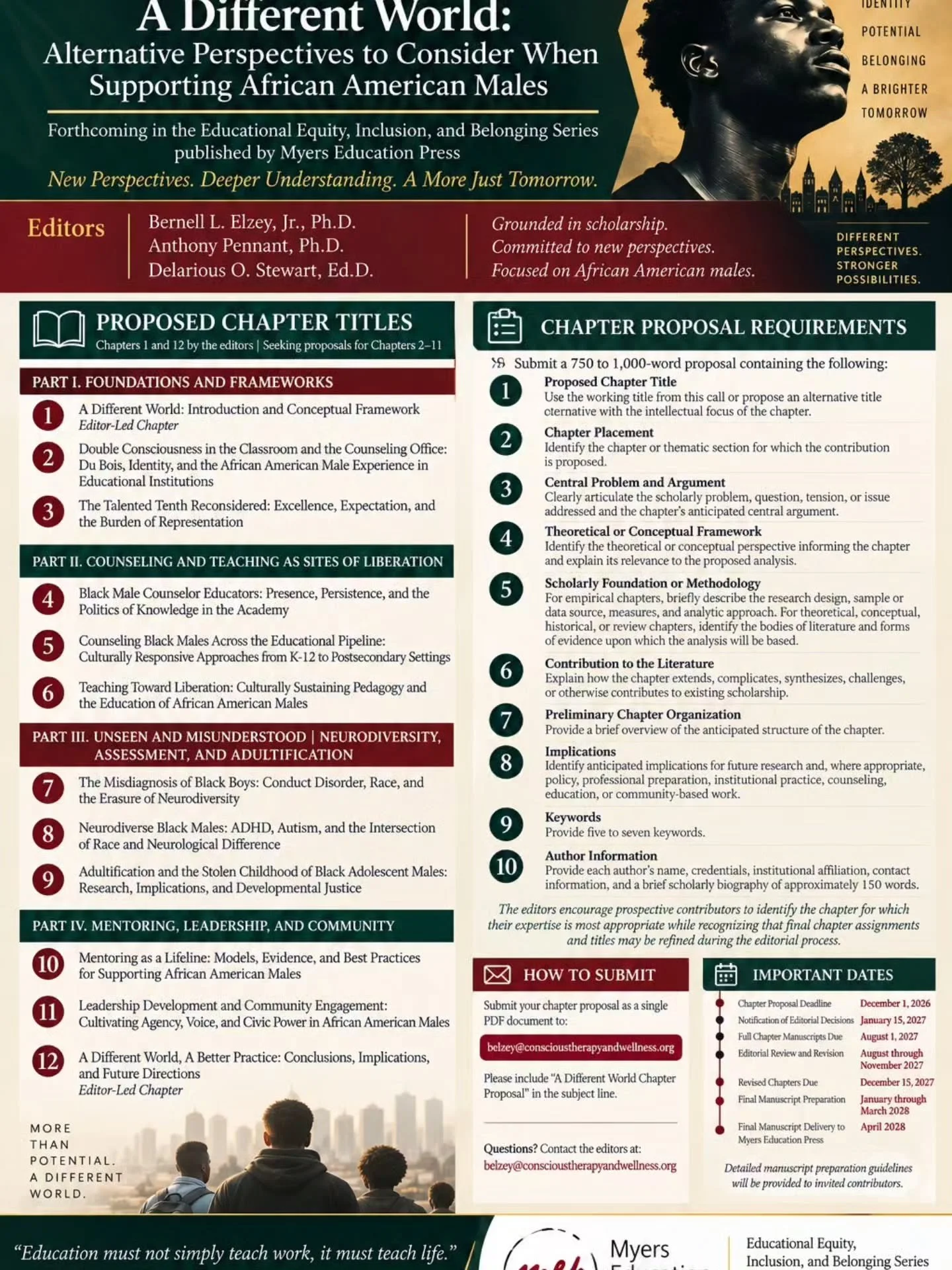 Greetings,

The editors, Dr. Bernell Elzey, Dr. Anthony Pennant, and Dr. Delarious Stewart, invite chapter proposals for A Different World: Alternative Perspectives to Consider When Supporting African American Males, a forthcoming edited volume under