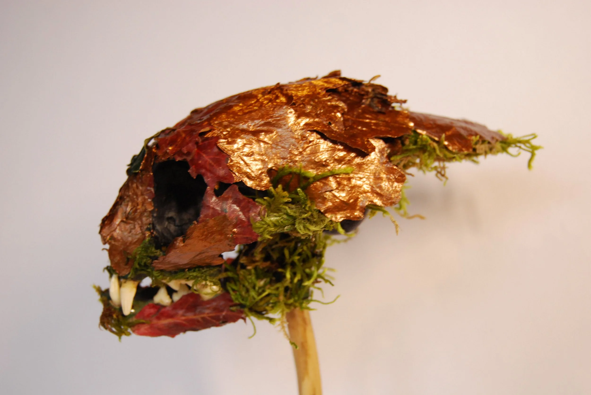 An art piece of a heart-shaped object made from dried leaves, moss, and small teeth, mounted on a stick.