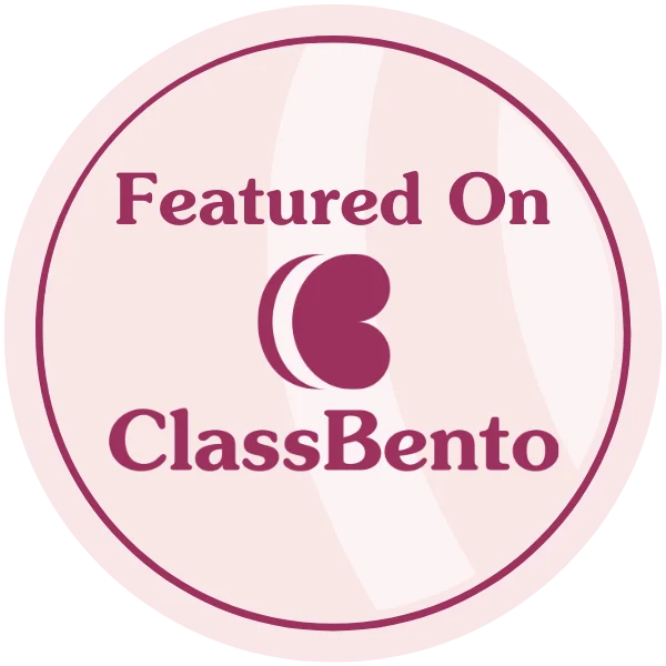 A circular badge with a pink background and dark pink border that features the text 'Featured On ClassBento' along with a stylized quotation mark logo.