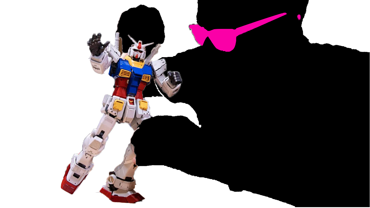 A Gundam robot with white, blue, red, and yellow armor, standing in a dynamic pose with arms raised and fists clenched, against a black background. A pink shooting star graphic appears to the right of the robot.