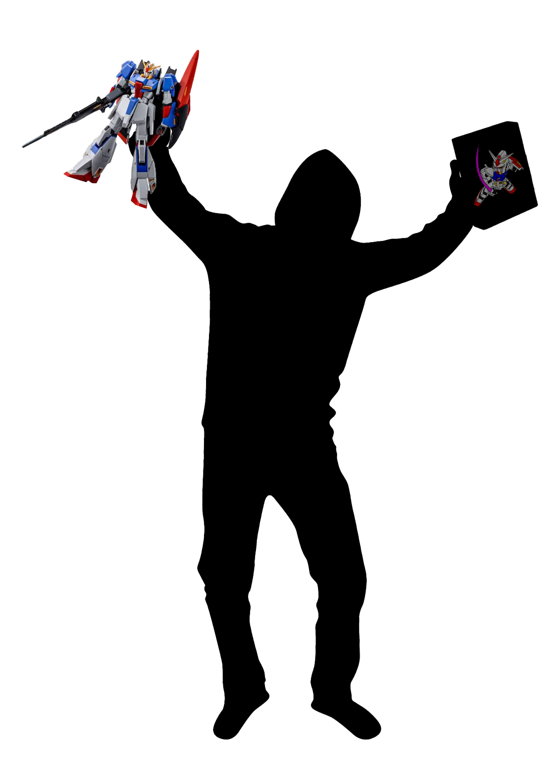 Silhouetted person holding Gundam model figures in each hand.