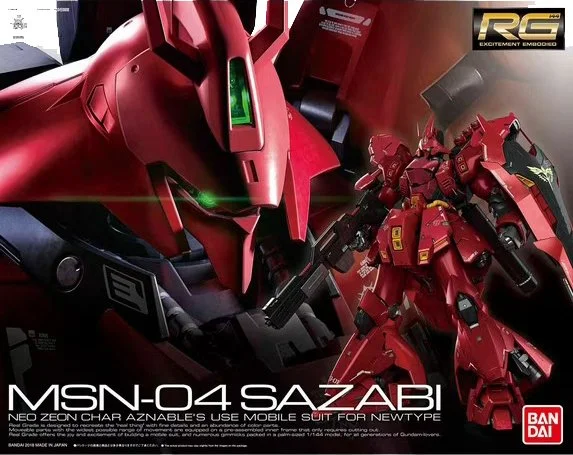 RG Sazabi A "chunky" and imposing kit that is nearly as large as some 1/100 scale models. It’s famous for its multiple shades of red and "pop-out" armor gimmicks that reveal internal mechanical details.