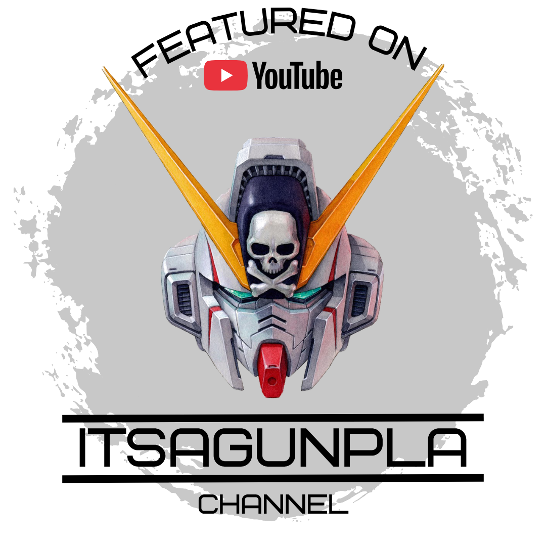YouTube channel banner promoting It ItsAGunpla Channel featuring a Gundam head with a skull on its forehead, with text 'Featured on YouTube' at the top