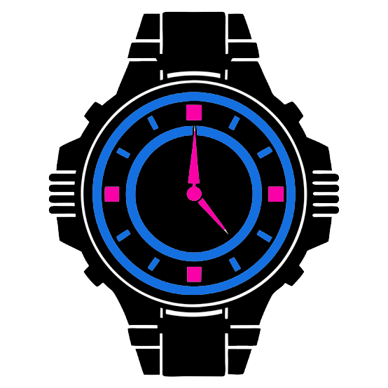 Digital wristwatch with black strap, blue and pink accents, and a round face showing the time as 12:26.