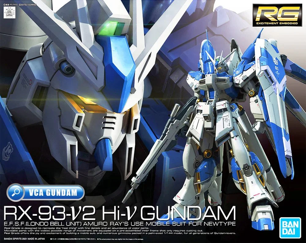 A detailed illustration of the RX-93-V2 Hi-V Gundam, a large humanoid robot from the Gundam series, with white, blue, and gold accents, holding a rifle, with a close-up of its head showing yellow eyes and a V-shaped crest.