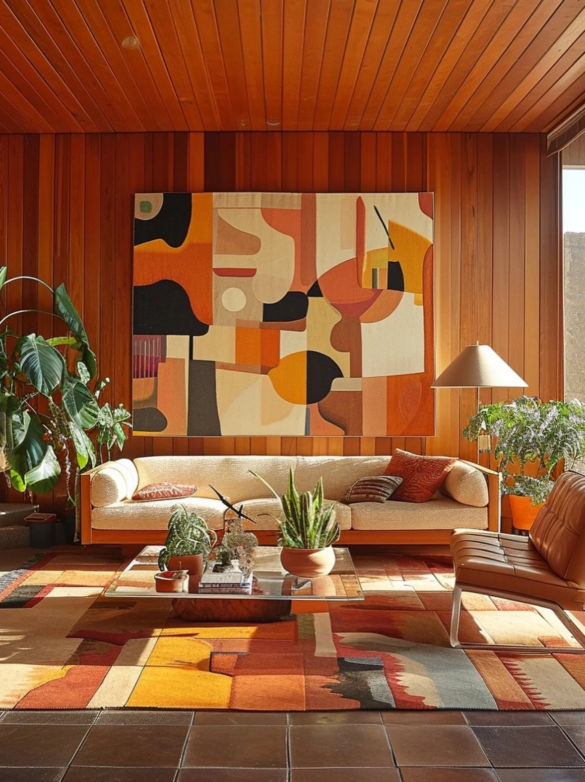 Living room with wood-paneled walls featuring a large abstract art piece, a cream sofa with pillows, a brown leather chair, a glass coffee table with plants, and a colorful geometric rug.