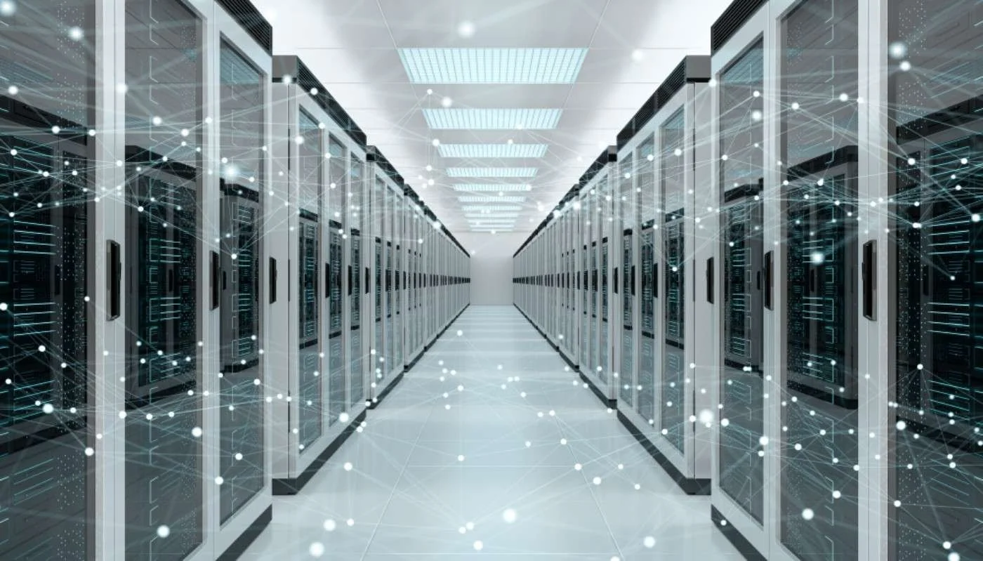 A data center with rows of server racks, digital network overlays, and glowing lights.
