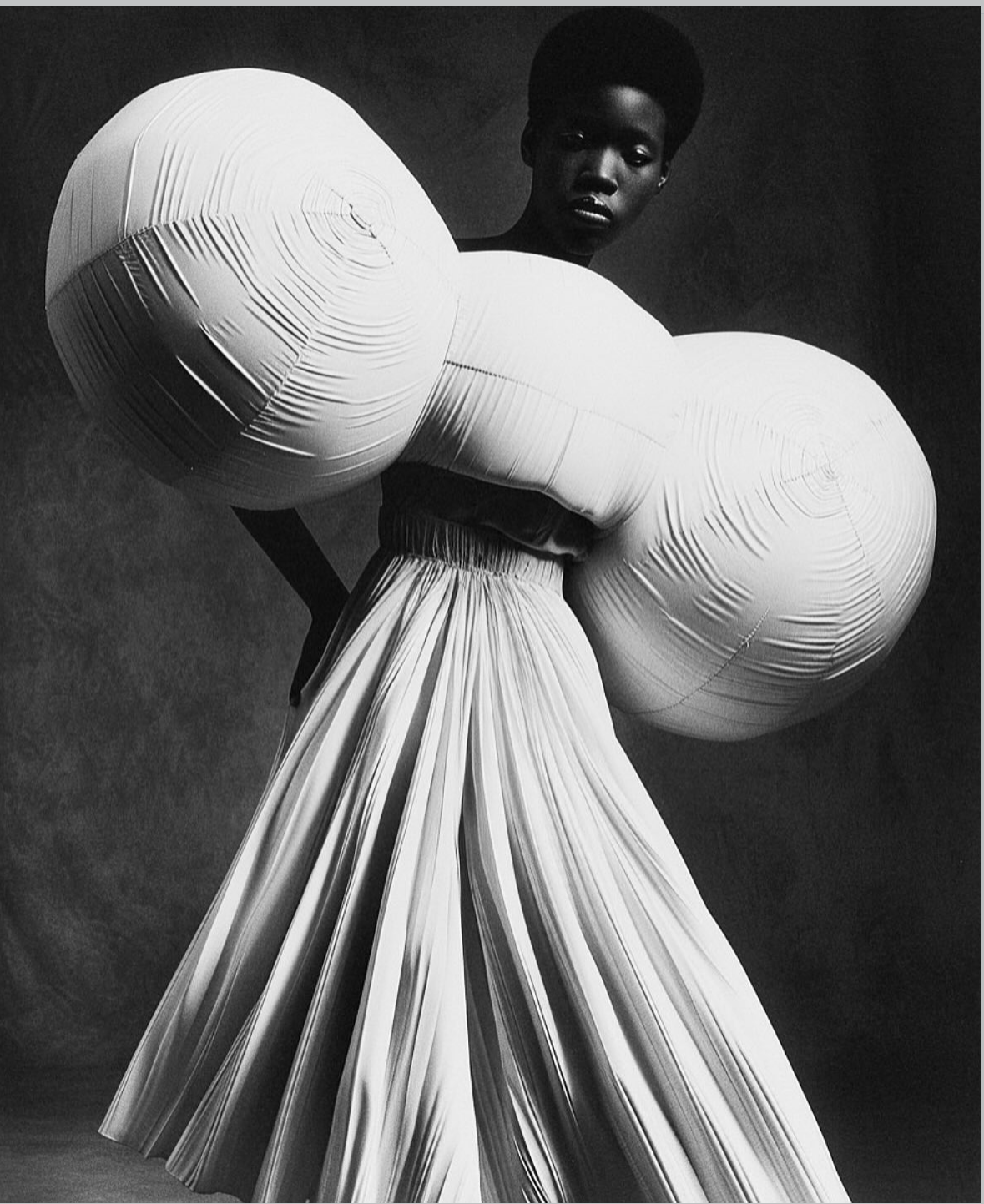 A black and white photograph of a woman with short hair, wearing a unique, avant-garde outfit with large, rounded, sculptural sleeves and a pleated skirt.