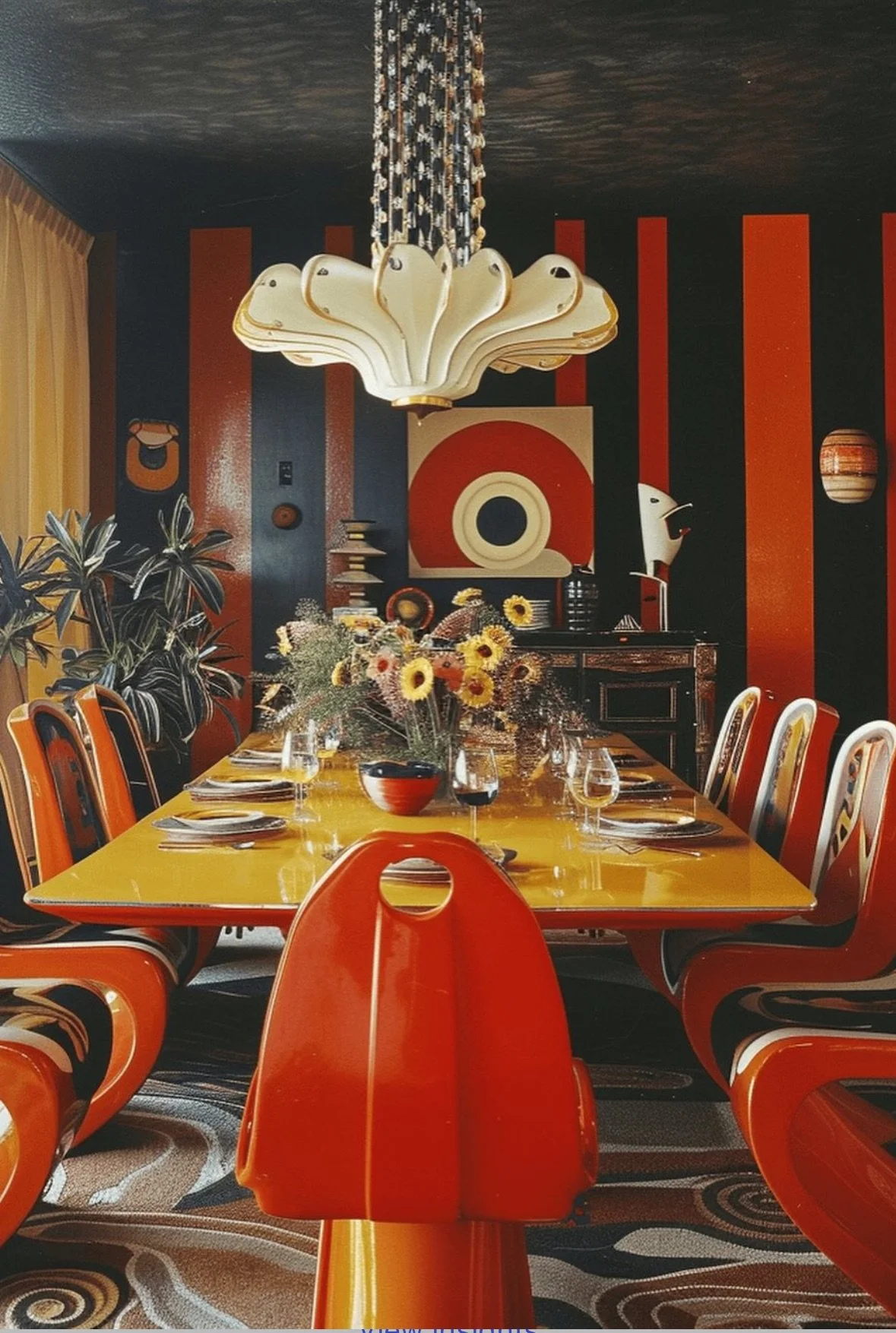A dining room with a yellow table, red and orange chairs, a floral centerpiece, and a black wall with red vertical stripes. There is a unique white and gold ceiling light, a black cabinet, and a wall decoration in shapes resembling art deco style.