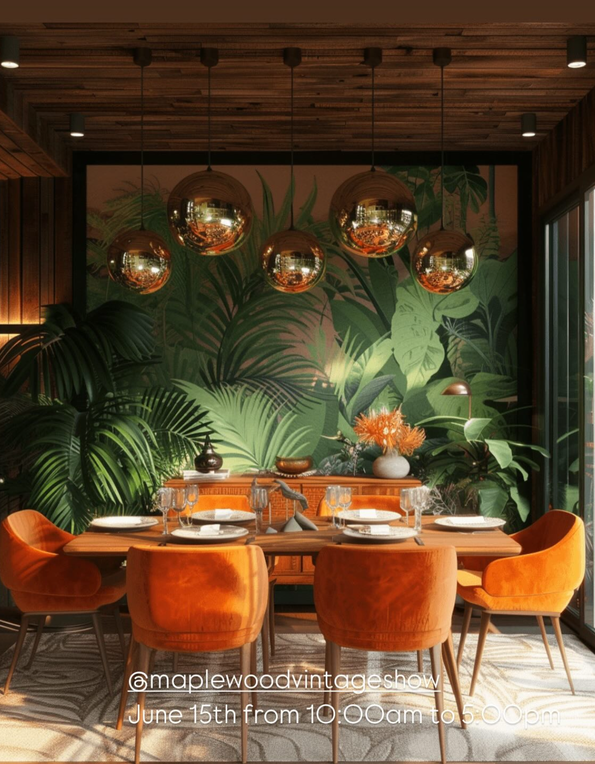 A dining room with a wooden table, six orange velvet chairs, a wall with tropical green leaf wallpaper, hanging gold spherical pendant lights, and a sideboard with decorative objects, plants, and flowers.